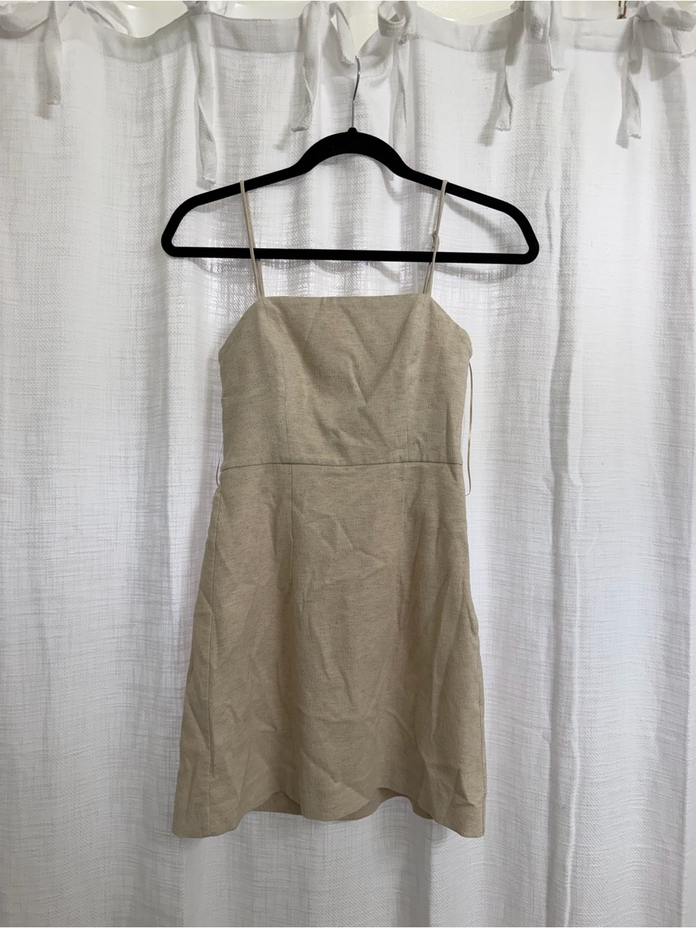 Zara Neutral Linen-Blend Spaghetti Strap Dress with Rose detail on back
